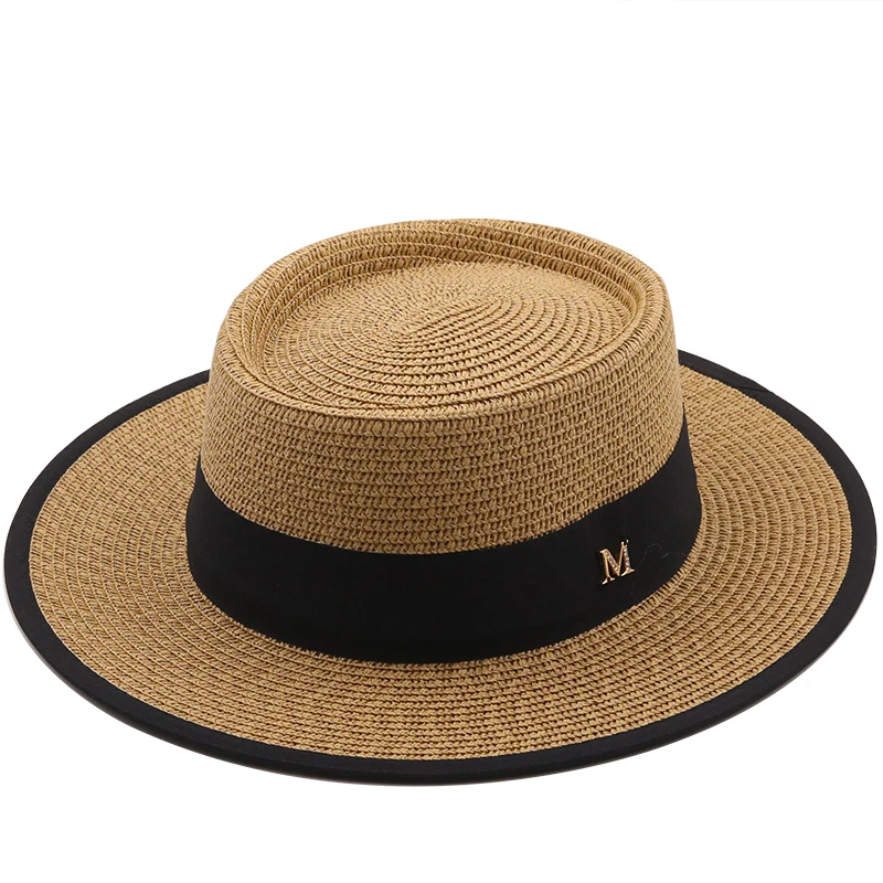 Women Sun Hat Summer Sun Hat Ladies Fashion Girl Straw Hat Ribbon Bow Beach Casual Grass Flat Top Panama Bone Womens Visor Cap
