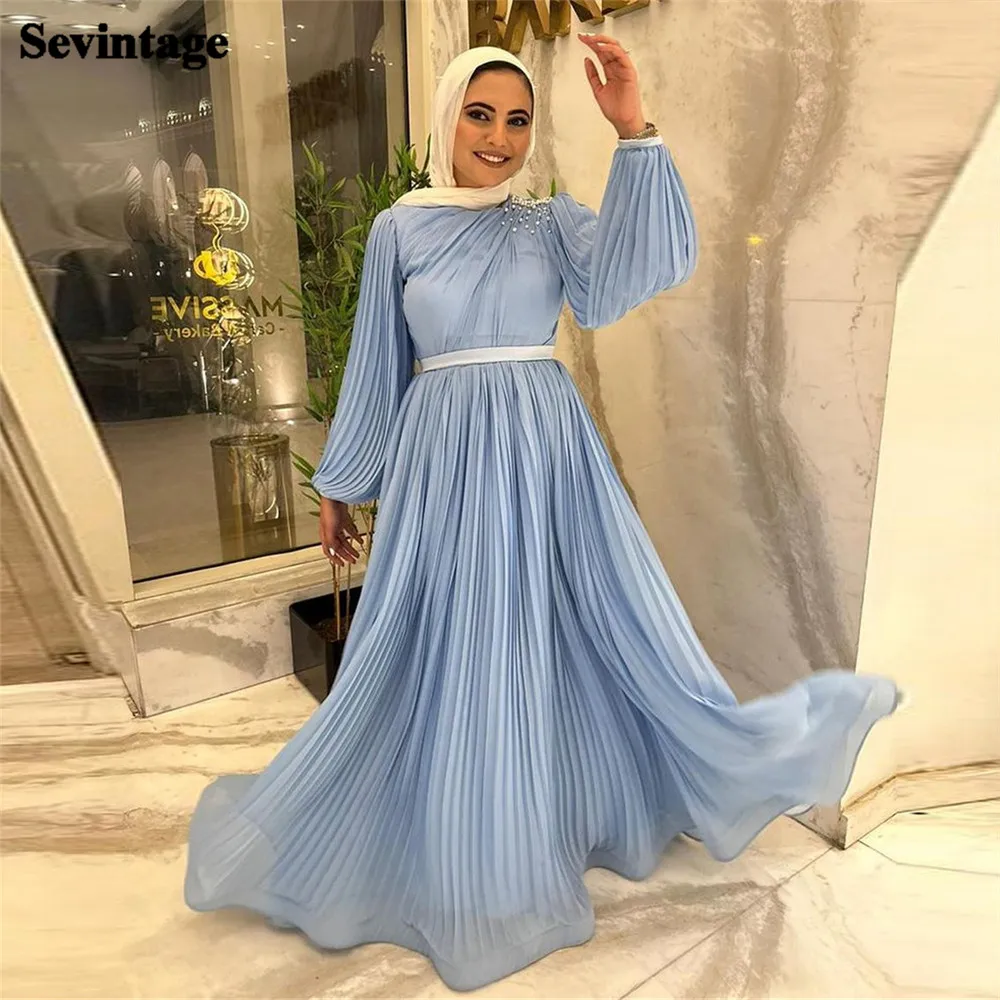 

Sevintage Modest Muslim Arabic Women Chiffon Evening Dresses High Neck Long Sleeves Formal Party Long Prom Dress ballkleid 2023