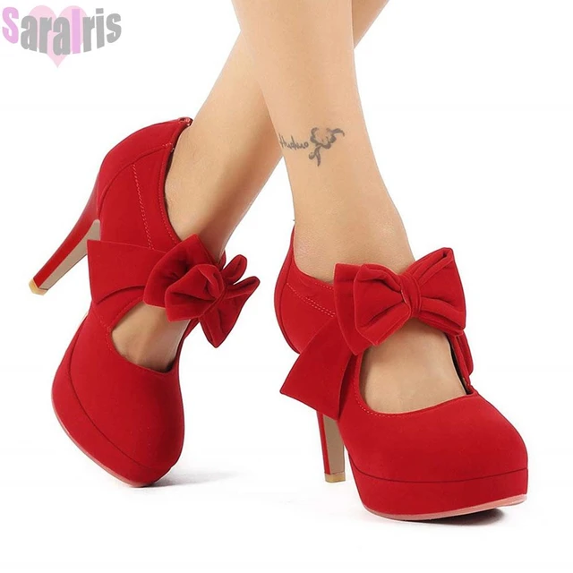 Black/Red/White Platform High Heels Women Pumps Bowknot Buckle High Heels  Female Wedges Plus Size Wedding Party Shoes - AliExpress