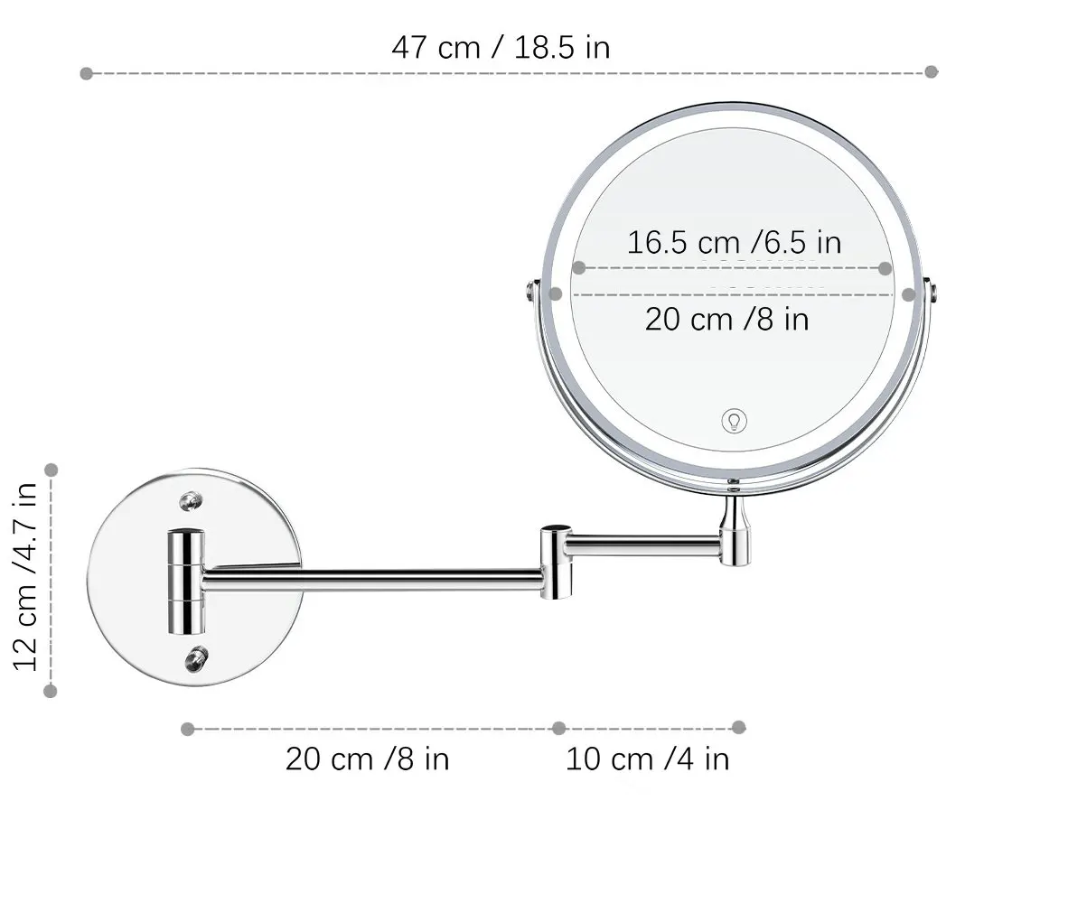 8" Rechargeable wall mounted LED makeup mirror 1X/10X magnification Double Sided Bathroom Mirror 3