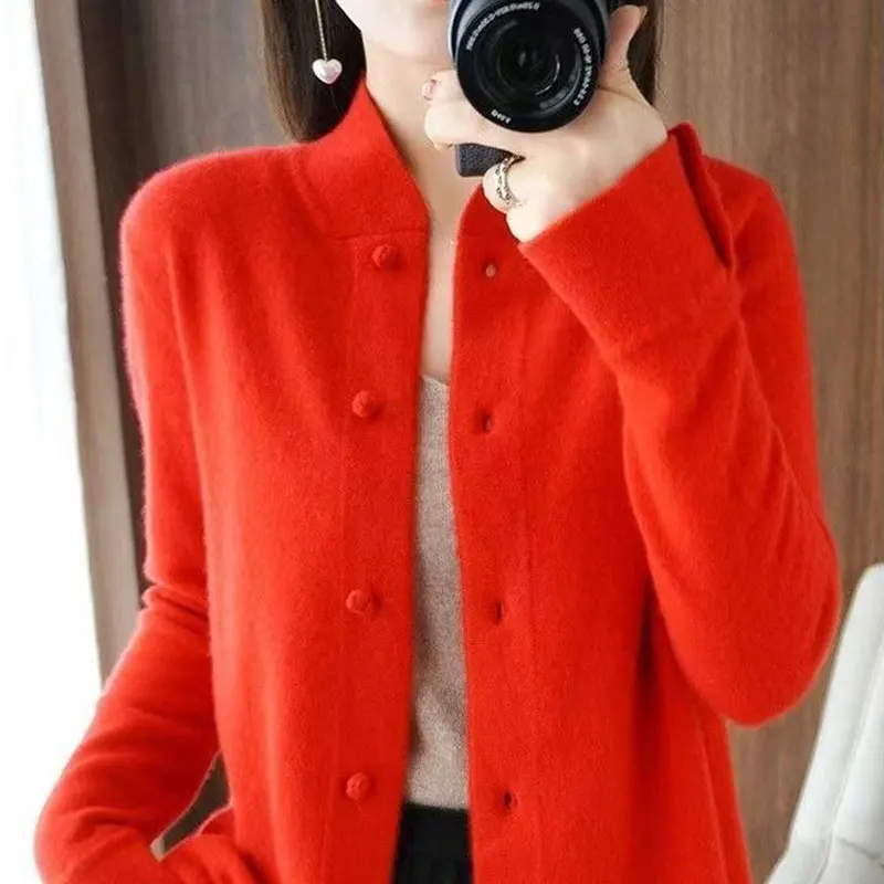 여성용 캐주얼 단색 올매치 스웨터, 스탠드 칼라, 싱글 브레스트 나사 실, 니트 가디건, 가을 겨울 패션