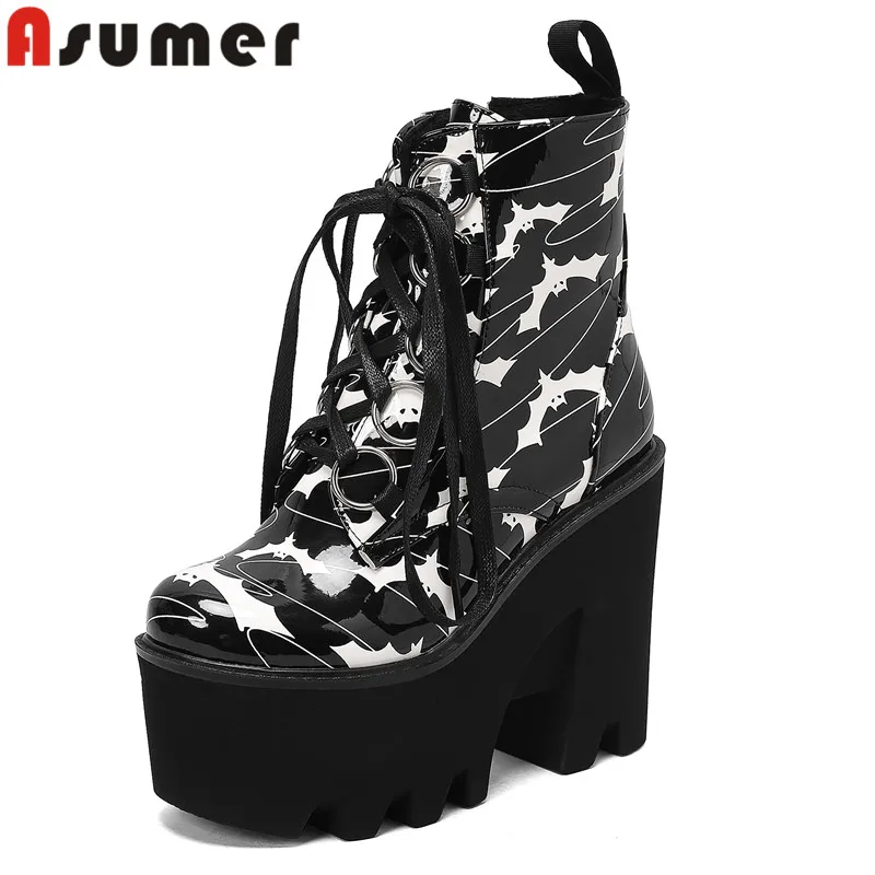 

ASUMER 2023 Size 35-44 New Fashion Patent Leather Platform Ankle Boots Zipper Mixed Colors Boots Chunky Heels Winter Boots