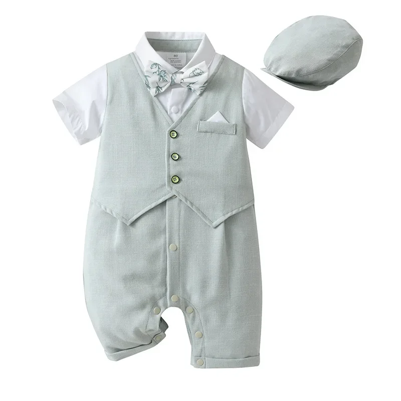 New Children's Summer Short Sleeve Rompers Baby Boys Capucha British Style Cotton Bib Overalls Outerwear Kids Clothes