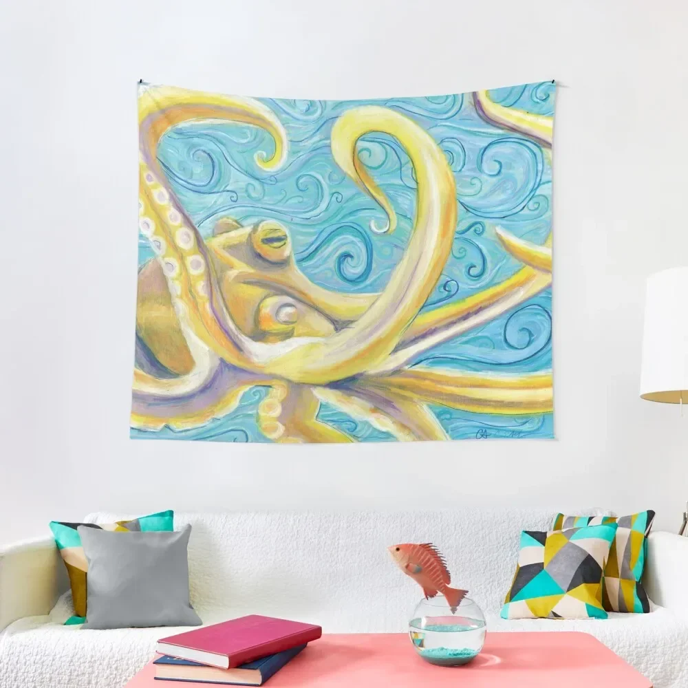 

Yellow Octopus in a Swirly Blue Sea Tapestry Bedroom Decoration Decoration Home Tapestry