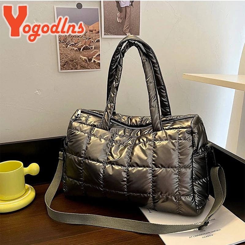 Yogodlns-Bolsa de algodão acolchoado para viagens, bolsa de ombro grande capacidade, bolsa de nylon impermeável, bolsa crossbody, espaço luxuoso