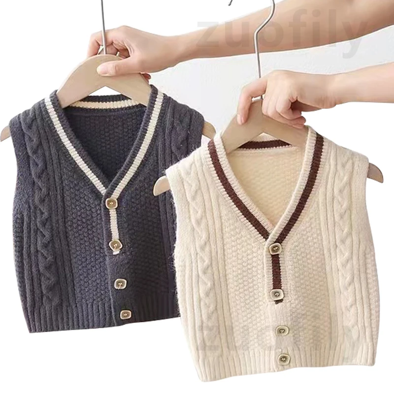 New British Style Spring Autumn Sweater Vest Top Sleeveless Girls Cardigan Twist Knitted Sweater Casual Boy Girls V Neck Clothes