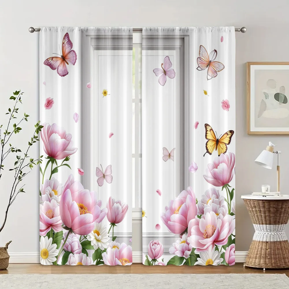 2pcs, Window Curtain Floral and Butterfly Print Polyester Easy Install (without rod) Versatile All Use for Bedroom & Living Room 2