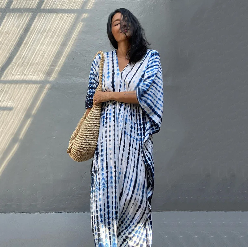 Fashion Casual Striped Print Long Dresses Women Bohemian V-neck Bat Sleeve Loose Slit Beach Dress Summer New Beachwear Vestidos 27 Fashion Casual Striped Print Long Dresses Women Bohemian V-neck Bat Sleeve Loose Slit Beach Dress Summer New Beachwear Vestidos
