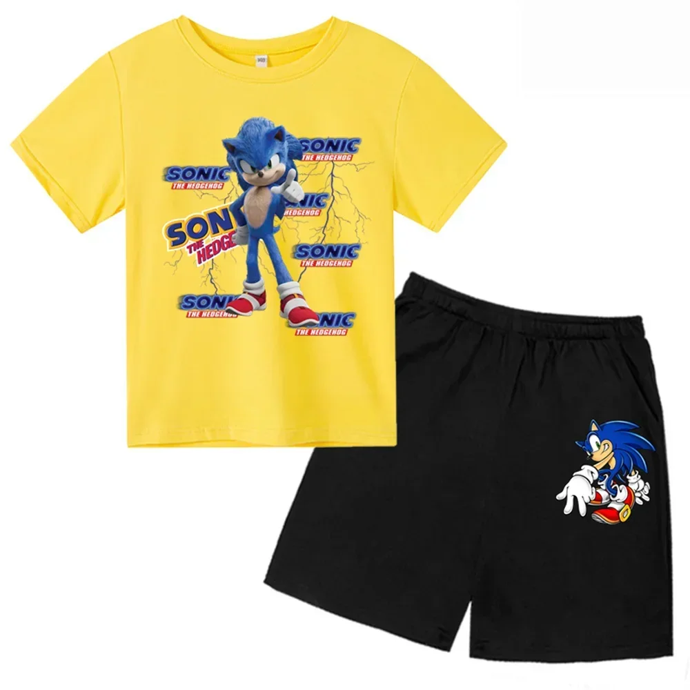 Nueva camiseta de Sonic para niños y niñas, conjunto de 2 piezas para adolescentes, camisetas casuales de manga corta de verano para niños, conjunto de camiseta y pantalones cortos, conjunto deportivo