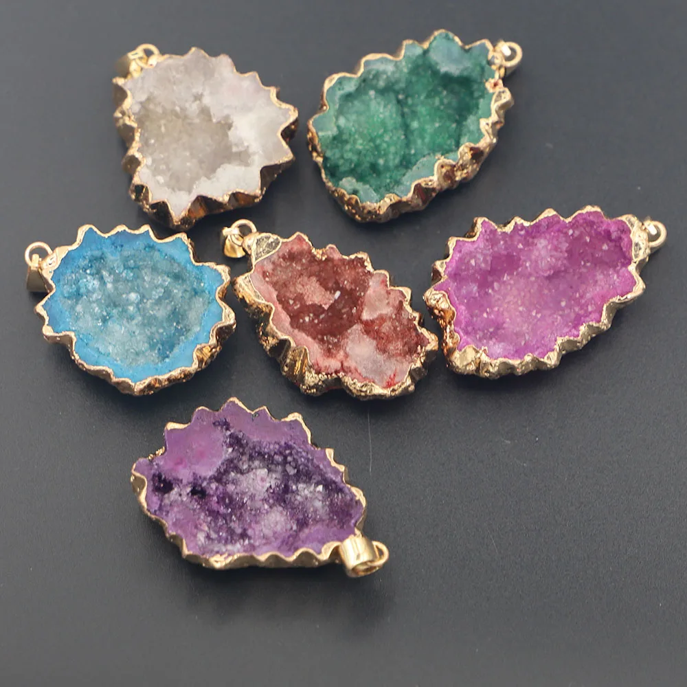 

Natural Stone Druzy Agates Pendants Charms Round Crystal Geode Small For Jewelry Making Necklace DIY 6PCS