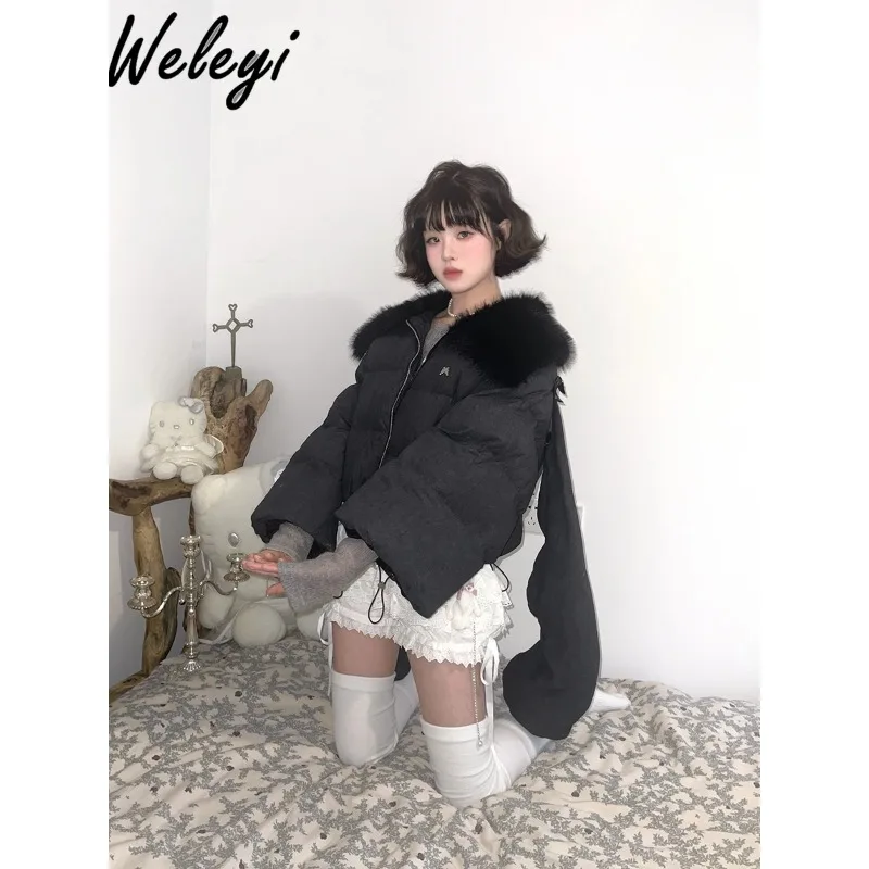 Sweet Women's down Coat 2024 Winter Trumpet Long Sleeve Angel Wings Detachable Short Fur Collar Thick Loose Cotton Padded Coats