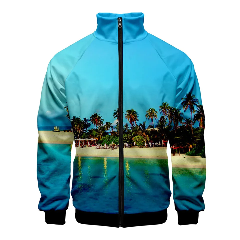 Beach Windmill Stand Collar Zipper Sweatshirts Men Women Ocean Sky Beautiful Seaside View Zipper Hoodie Men's 3D Autumn Coats