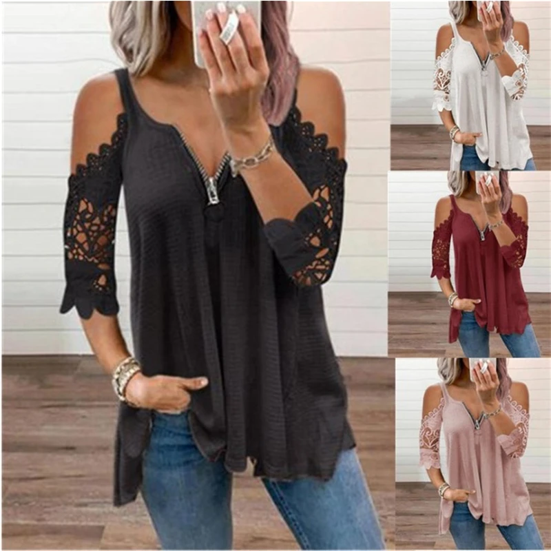 Summer New Fashion Solid Color Casual Top Women's Sexy Low-Cut V-Neck Zipper Stitching Lace Mid-Sleeve Plus Size T-Shirt Women cool t shirts