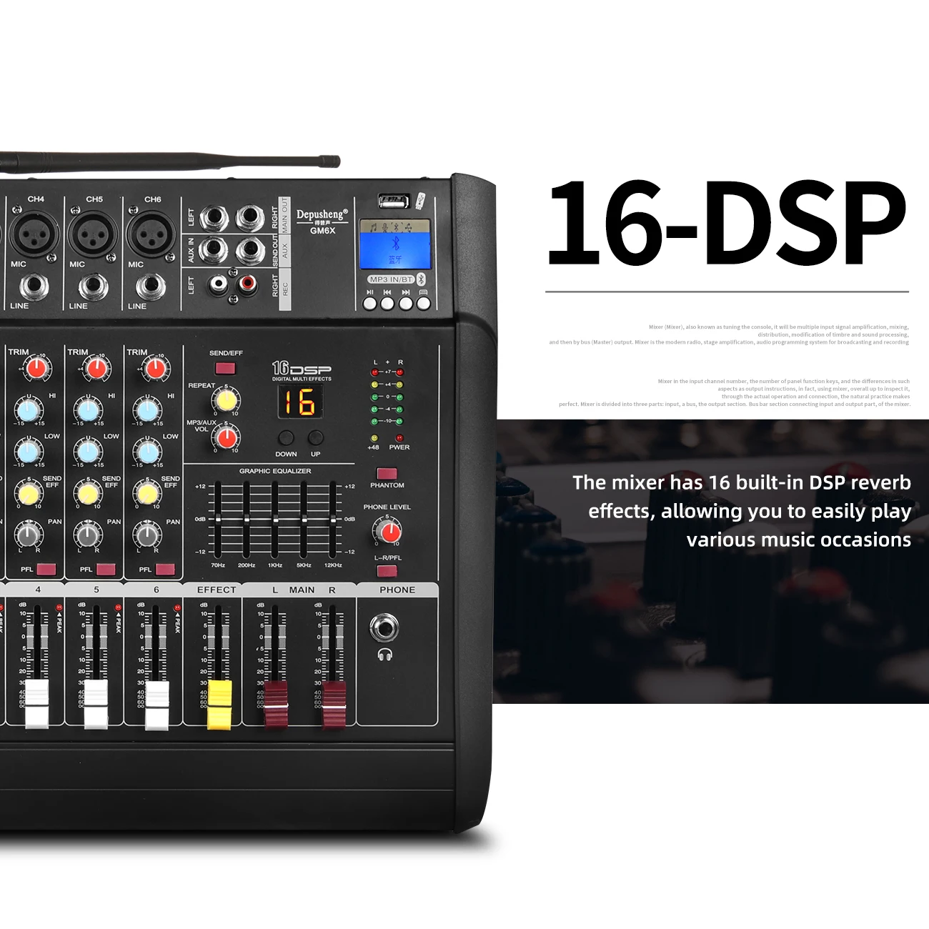 Depusheng 450 Watt GM6X-4H High Quality 6 Channel USB Digital DJ Amplifier Audio Mixer with 4 Wireless Microphones