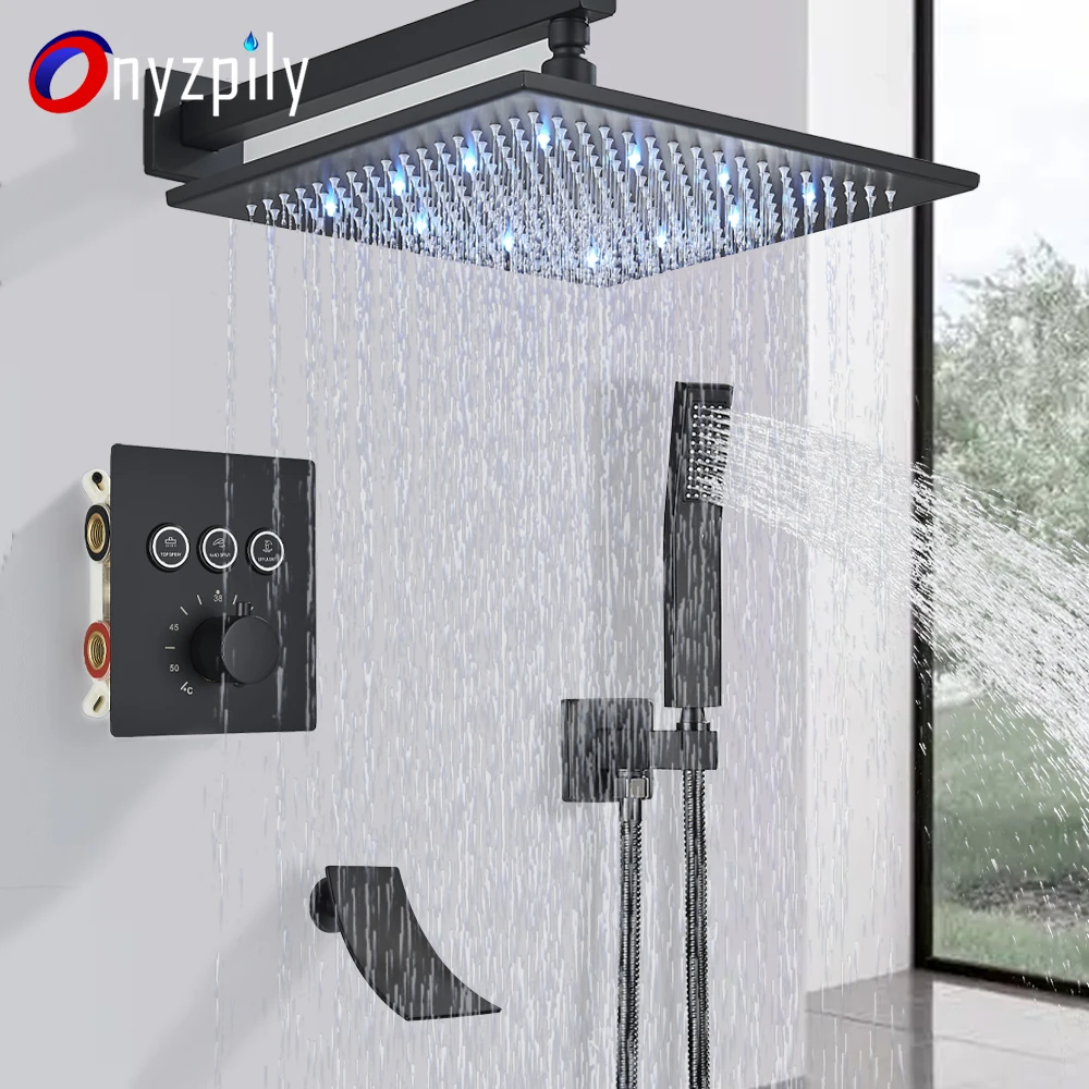 Description Picture 4 of itemBlack LED Thermostatic Modern Bathroom Whirlpool Shower Faucet Set Rain Waterfall Bathtub System Mixer Wall Mounted Button Tap