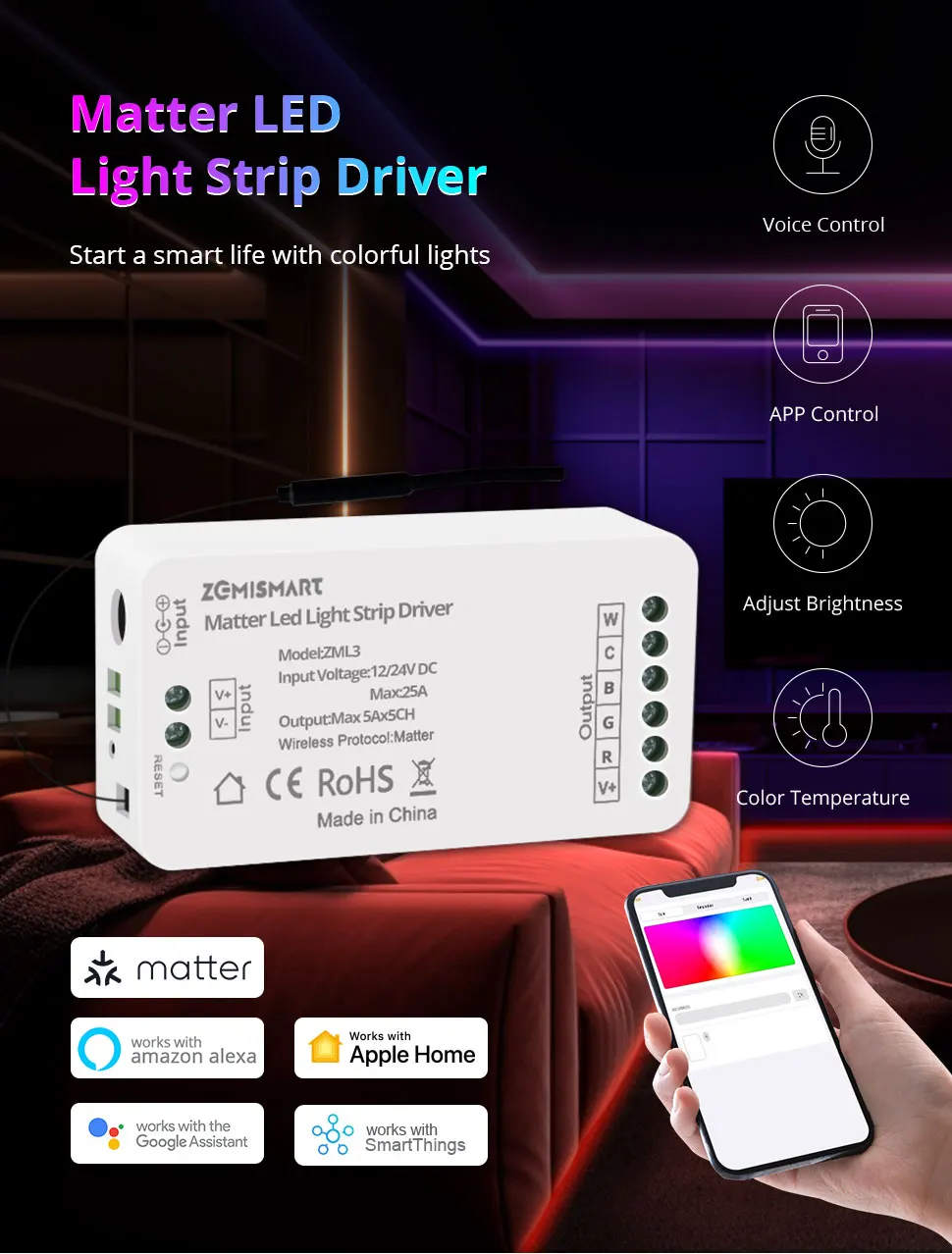Matter RGBCCT Led Strip Light Driver 12V 24V DC Smart Controller Homekit Smartth