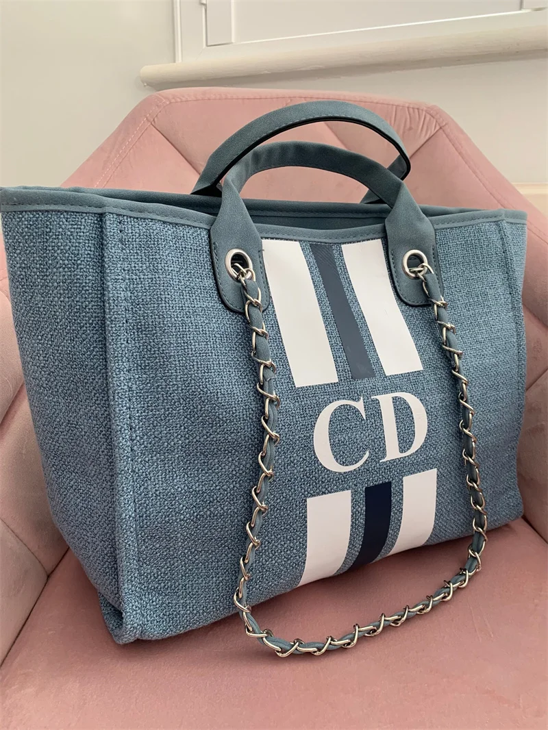 Monogram Tote Bag Canvas Customised Blue White Navy Chain Handbag Personalised Stripe Initials Beach Holiday Stripe Initials