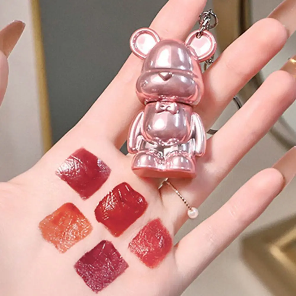 Mini Jelly Mirror Lipstick Bear-shaped Moisturizing Lip Gloss Non-stick Cup with Key Chain Long-lasting Lipstick Students