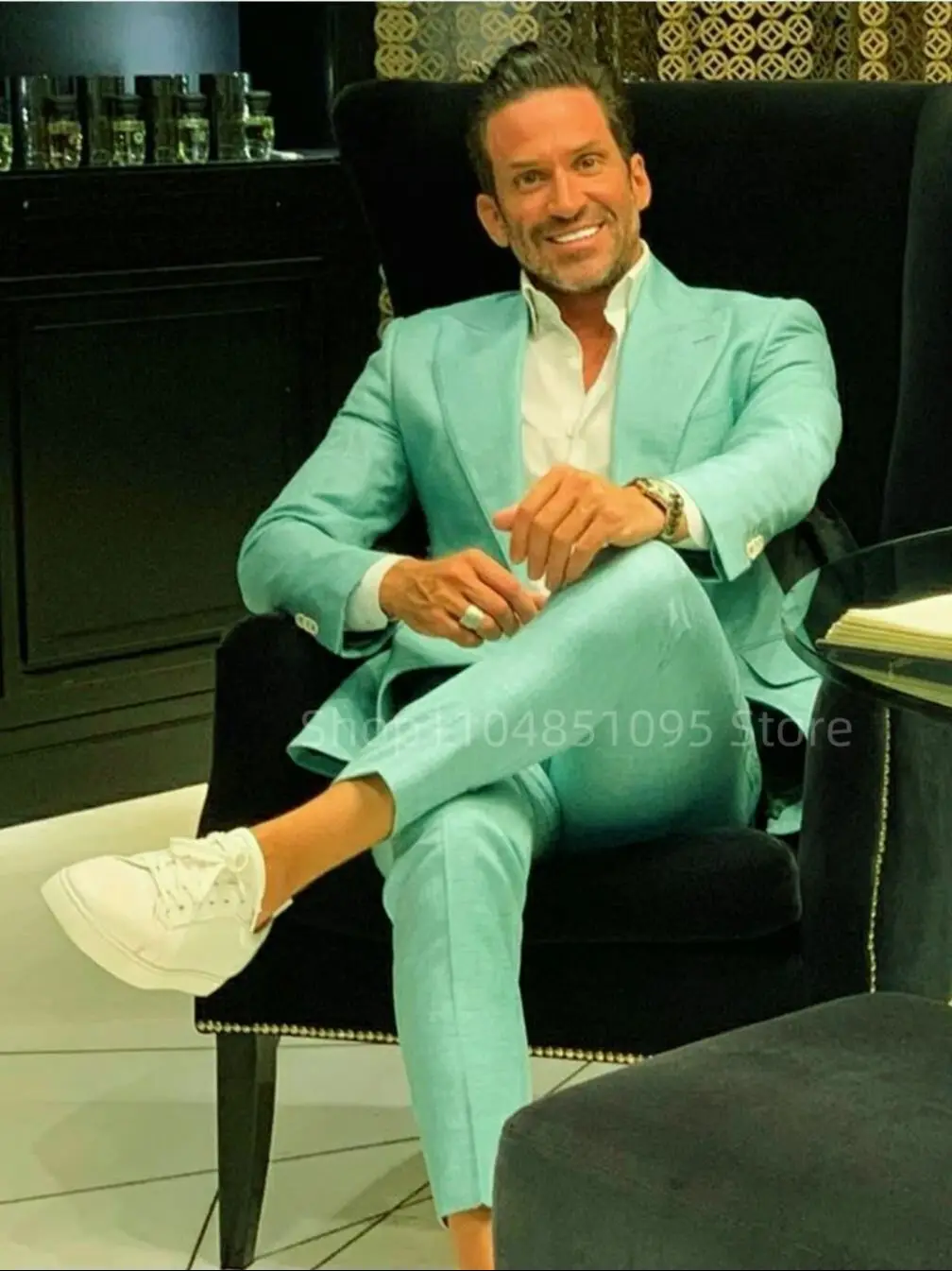 Mint Green 2 Piece Slim Fit Men Suits Groom Tuxedos Peak Lapel One Button Blazer Pants Sets Wedding Prom Business Costume Homme