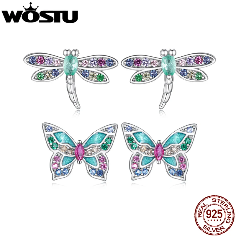 Wostu – Boucles D'oreilles Papillon Arc-en-ciel Pour Fille, En Argent