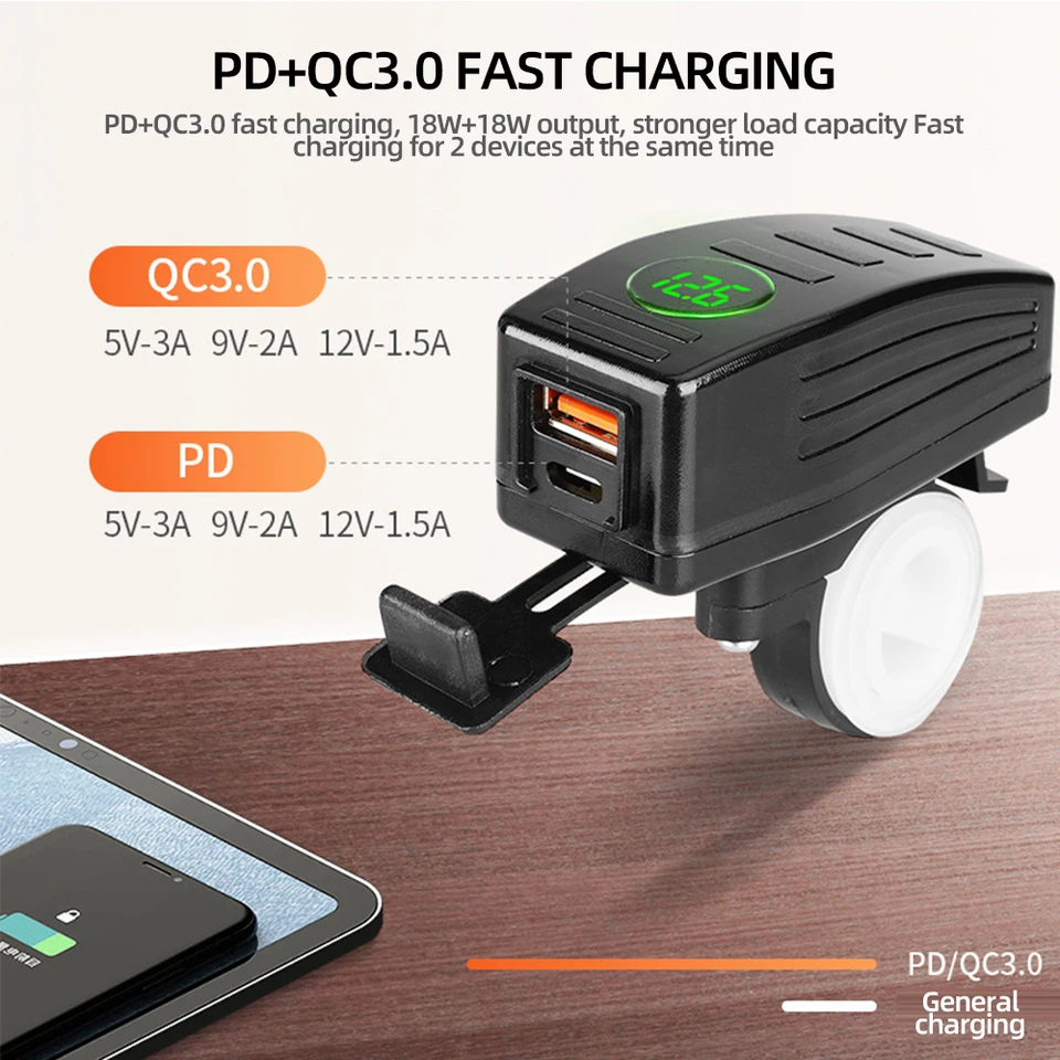 Caricabatterie USB QC3.0 Per Moto E Auto - Doppia Presa Con Voltmetro E Impermeabile IP65