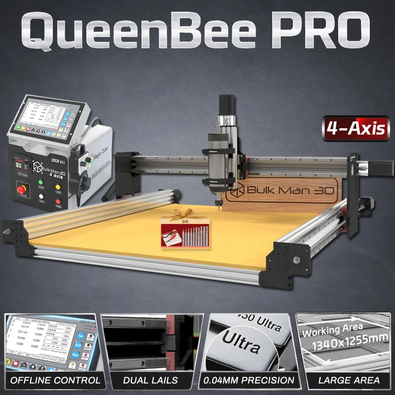 벌크맨3D 퀸비 프로 4축 CNC 라우터 머신 2.2KW 스핀들 DDCSV4.1 컨트롤 듀얼 리니어 레일 조각기 (목재, 아크릴, PCB용)