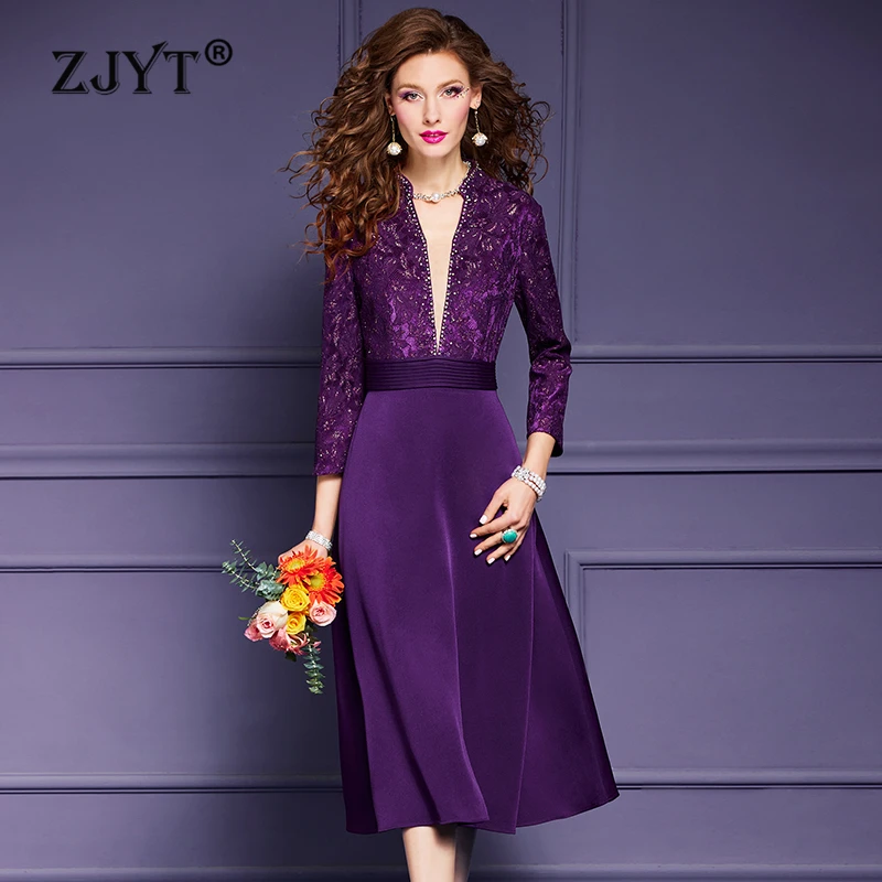 

ZJYT Women's Lace Patchwork Beading Evening Party Dresses Spring Elegant Midi Dress Vintage Special Occasion Vestido Plus Size