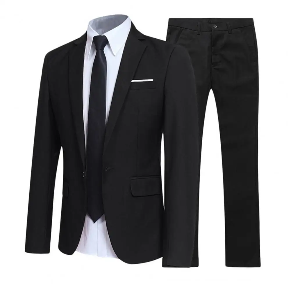 

British Style Men Blazer Pants Suit Set Solid Color Long Sleeve Slim Fit Groom Blazer Trousers Wedding Office One Button Suit