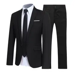 British Style Men Blazer Pants Suit Set Solid Color Long Sleeve Slim Fit Groom Blazer Trousers Wedding Office One Button Suit