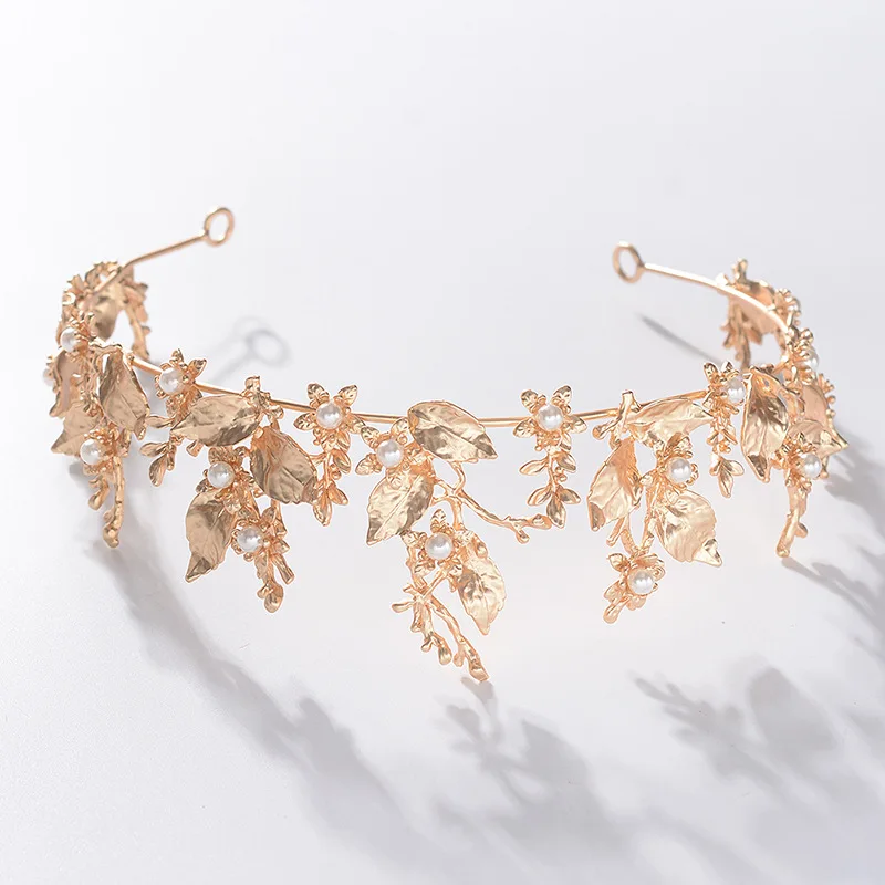 Baroque Retro Gold Color Leaf Branch Bridal Tiaras Crown Headband Shiny Pearl Rhinestone Pageant Diadem Wedding Hair Accessories