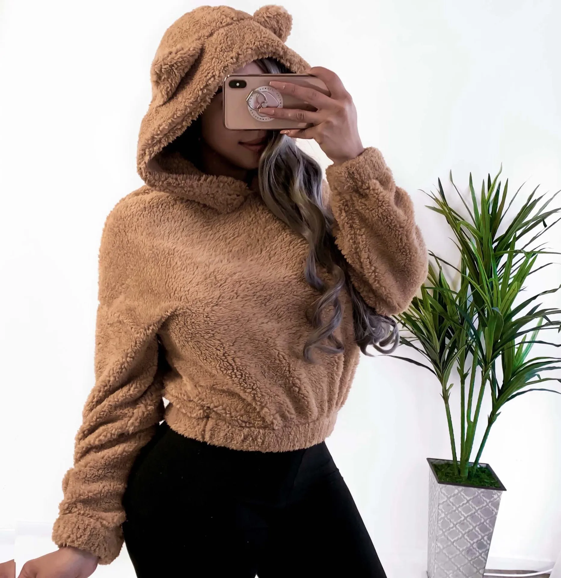 New Teddy Bear Ears Women's Autumn Warm Plush Hoodie Solid Color Long Sleeve Short Pullover Brown Sweatshirt Hooded Clothes