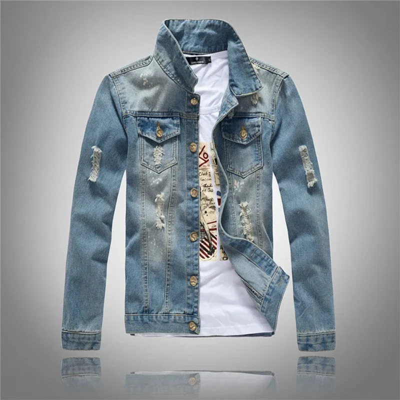 Men's Denim Jacket Korean Style Trendy Mind Blue Hole Coat Jeans Jacket Coat Large Size Denim Jacket Light-colored Men's Jacket for samsung galaxy tab a9 electric pressed colored drawing leather tablet case blue butterfly