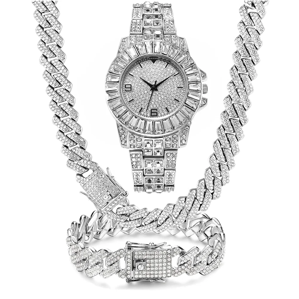 

3PC Hip Hop Luxury Watch Necklace Bracelet Jewelry Set for Men Women Bling Gold Silver Diamond Iced Out Box Cuban Chain Relogio