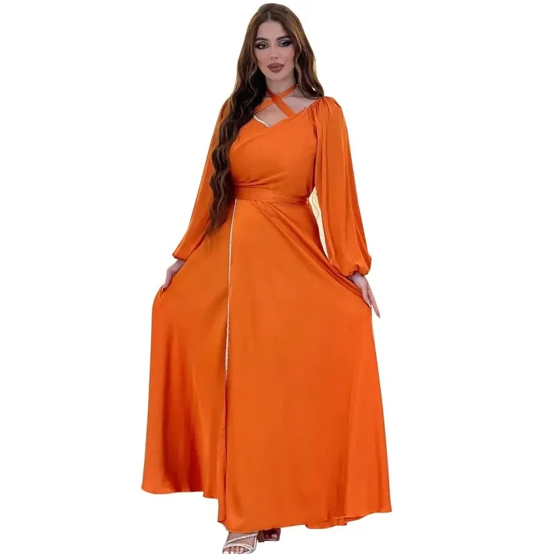 

African Party Evening Dresses for Women Elegant African Long Sleeve Orange Black Polyester Long Maxi Dress Muslim Fashion Abaya