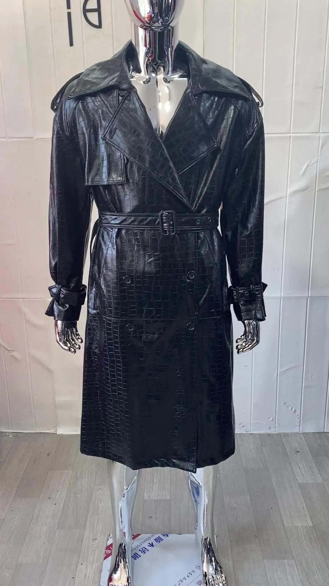 Mauroicardi Spring Autumn Long Black Crocodile Print Pu Leather