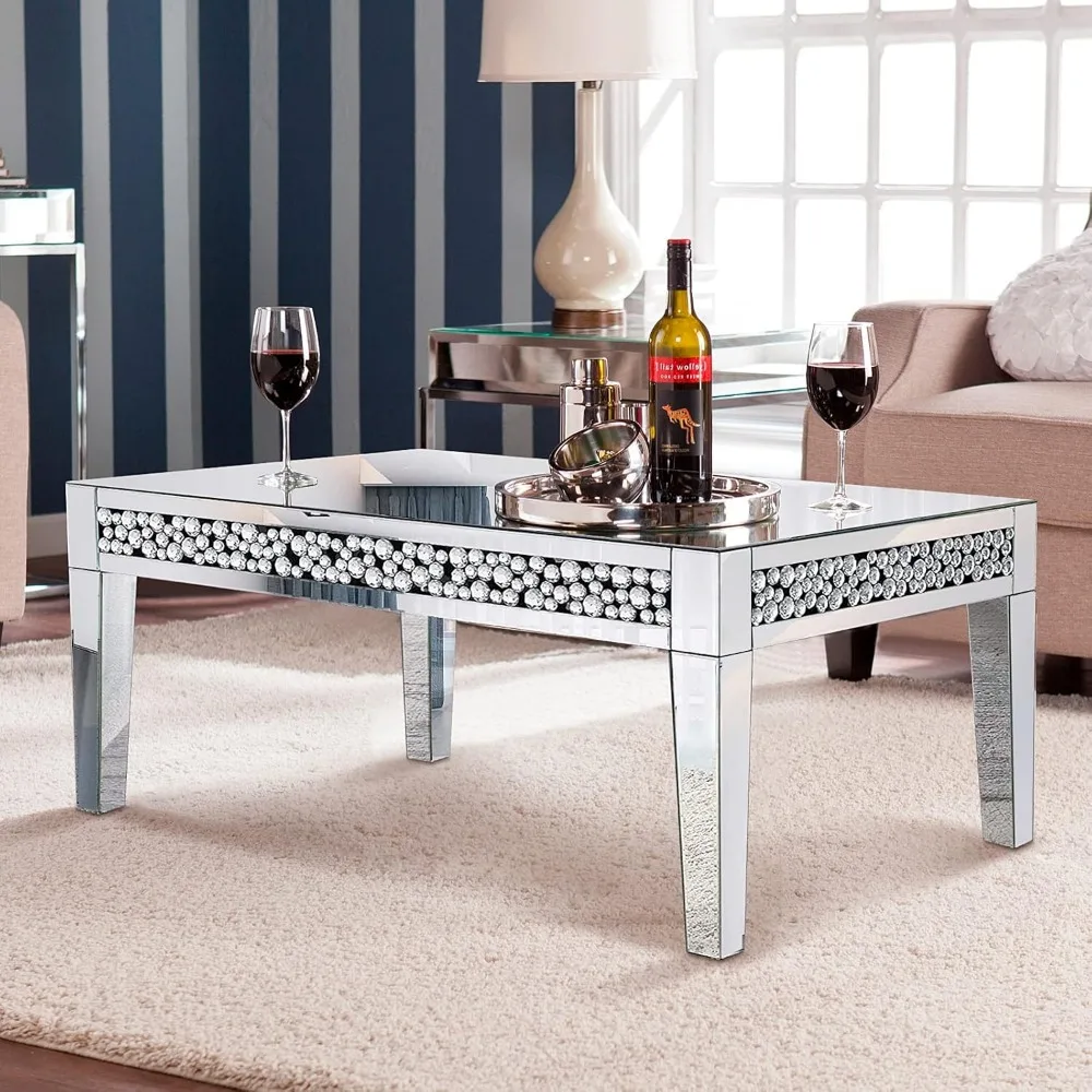 Rectangle Mirrored Coffee Table, Silver Living Room Table with Cryatal Diamond Inlay