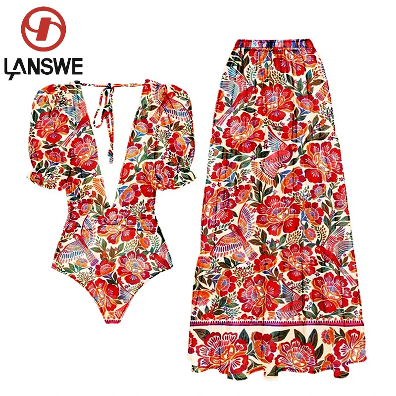 

2024 Lanswe New Fashion Women Cover Swimsuit Retro Print Deep V Gorgeous Red And One-Piece Suit With Swimwear Summer Beach Wear