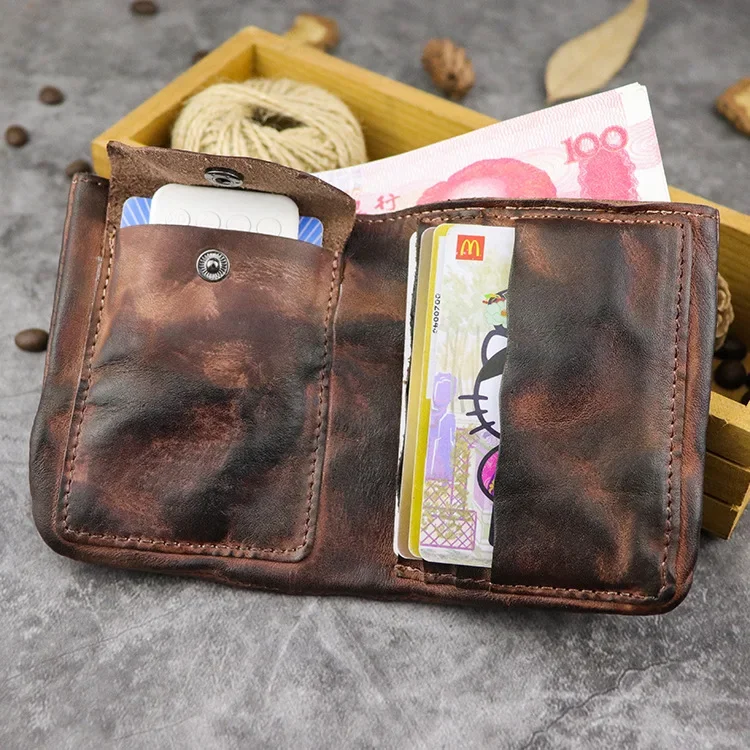 Handmade Vintage Style Men's Leather Wallet, Short Design with Folded Card Holder