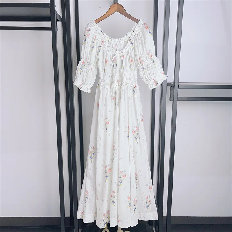 

Women's Floral Dress Folded V-neck Lace-up 2024 Summer New Ladies Sweet Puff Sleeve Long Robe