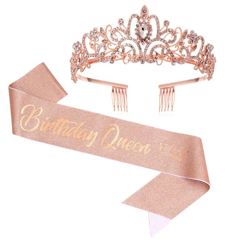 

Girl Silver Tiara and Sash Rose Gold Birthday Queen Sashes Scarf +Crystal Crown Sets for Women Kids Anniversary Party Decoration