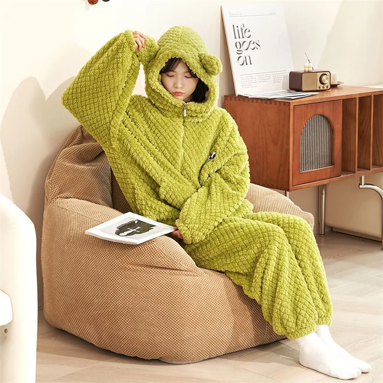 Autumn Winter Women's Sleepwear Flannel Pajamas Set Thick Fleece Nightwear Sets Warm Home Suits Hoodie Plus Pants