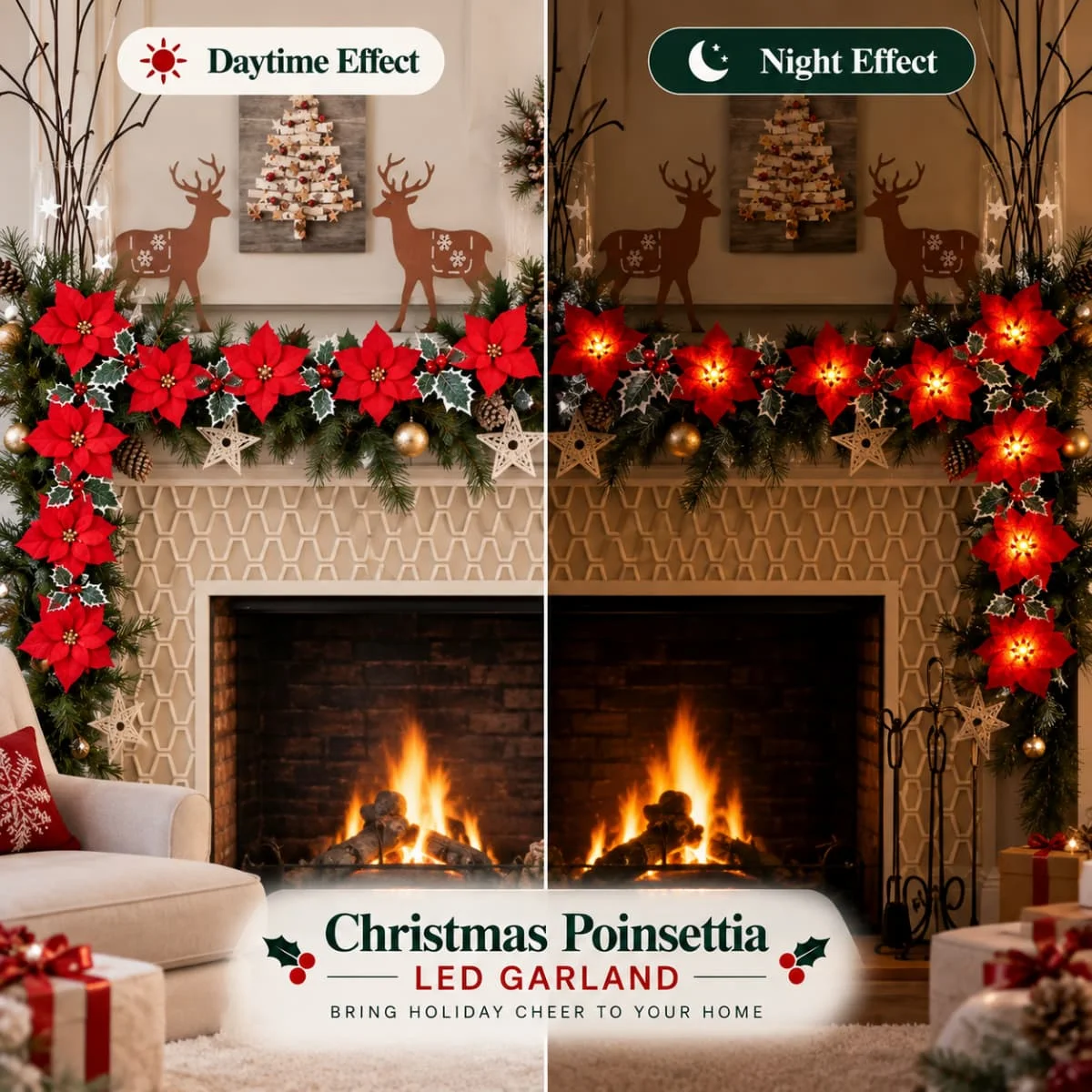 1pc Christmas Poinsettia Wreath String Lights 10/20 LED Artificial Flower Berry Fairy Light for Home Indoor Holiday Xmas Decor
