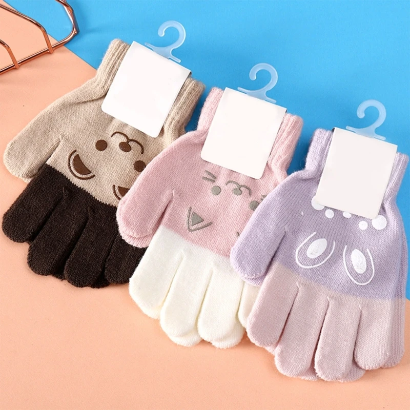 Winter Korean Style Kids Knitted Gloves Cartoon Bear Printed Full Finger Gloves for 4 5 6 7 8 Year Old Children Accessories