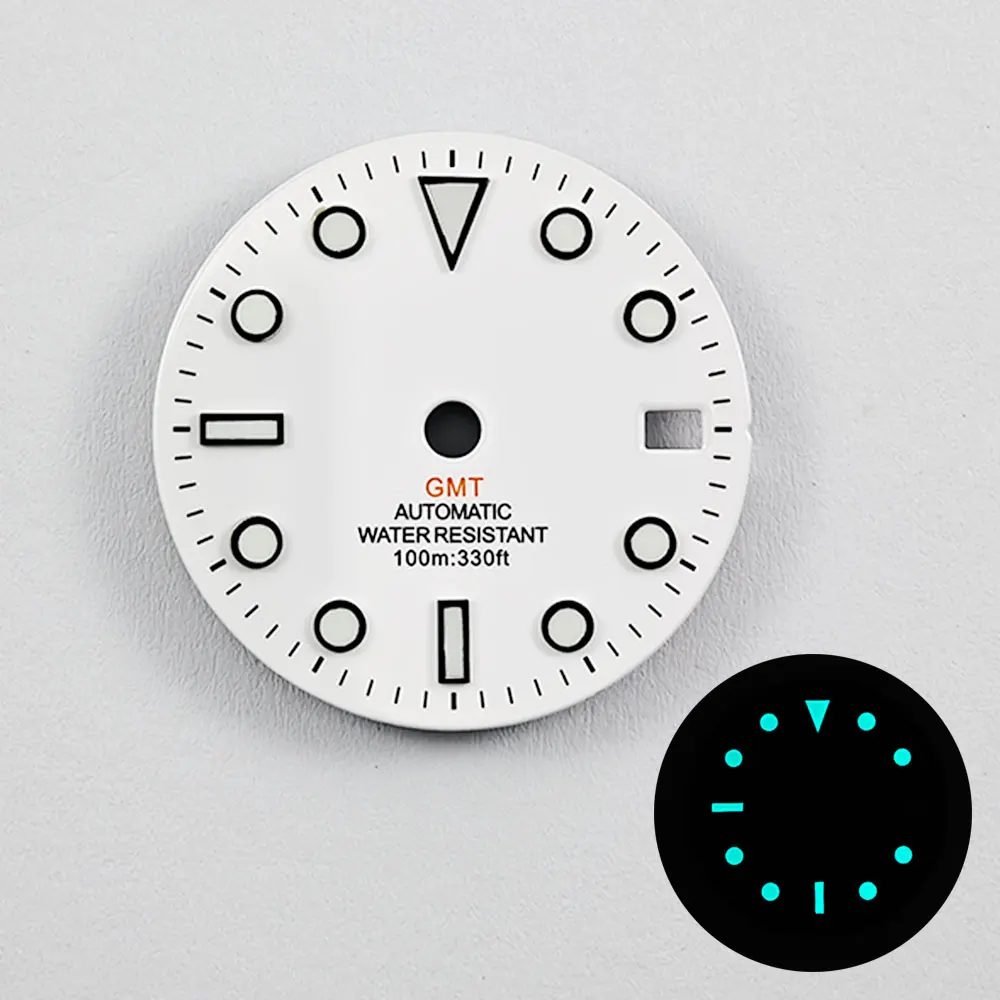 White & Black Mark Gloss Watch Dial with Blue & Green Luminous Accents - 28.5mm