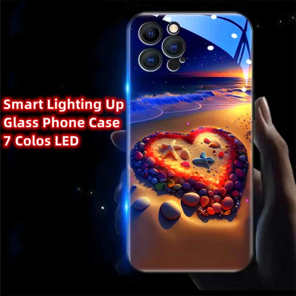 

Luminous Seaside Heart Smart LED Light Glow Tempered Glass case For VIVO IQOO 12 11 10 9 8 Pro X100 X90 X80 X70 X60 X50 Pro Plus