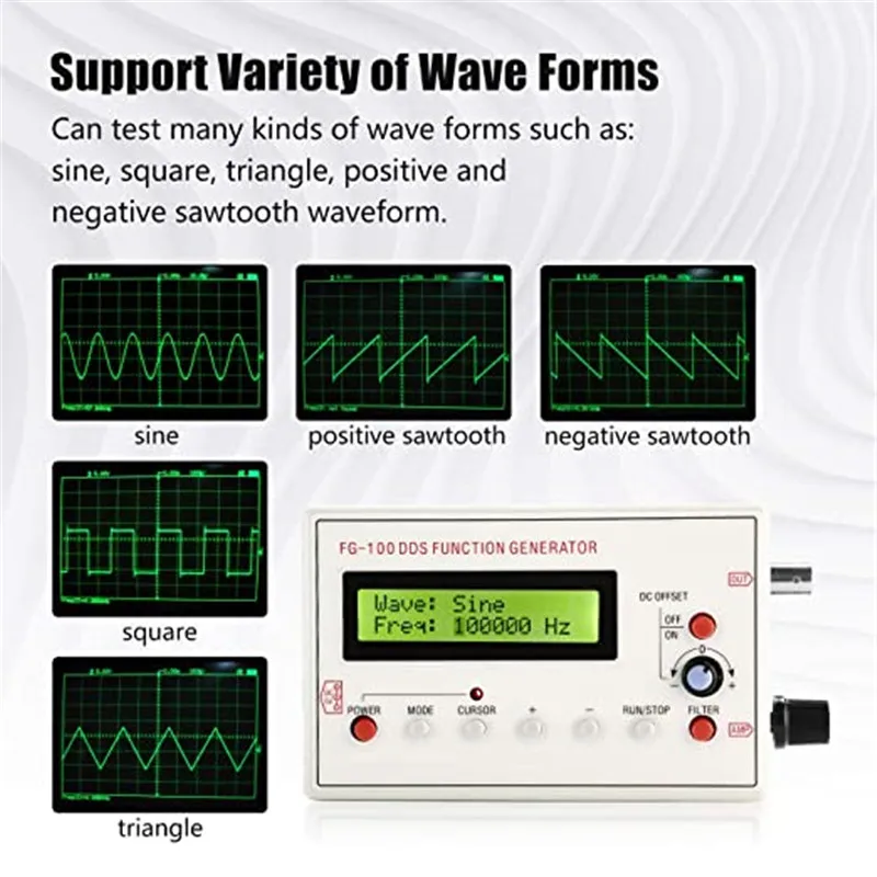 FG-100 DC 3.7-10V DDS Signal Generator LCD Display 1Hz-500KHz Functional Sine Triangle Square Frequency Sawtooth Wave Waveform 6