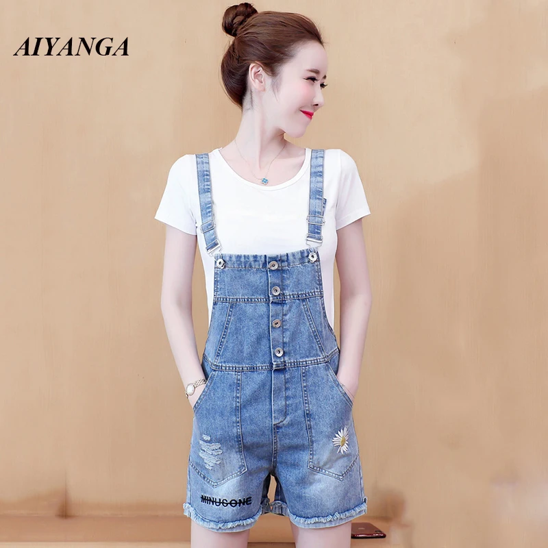 

Denim Jumpsuits Women Flora Embroidery Playsuit Chic College Single-breasted Korean Lady Jean Shorts New Blue Summer 2022