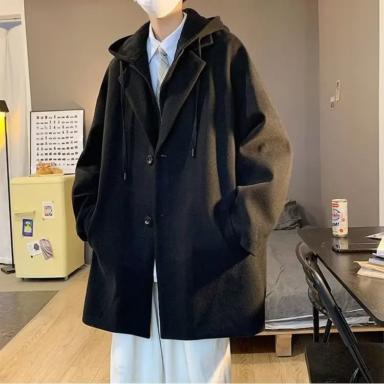 Spring and Autumn New Fake Two-piece Woolen Windbreaker Men's Ins Lovers Loose Coat Coat Trend Casual Brand