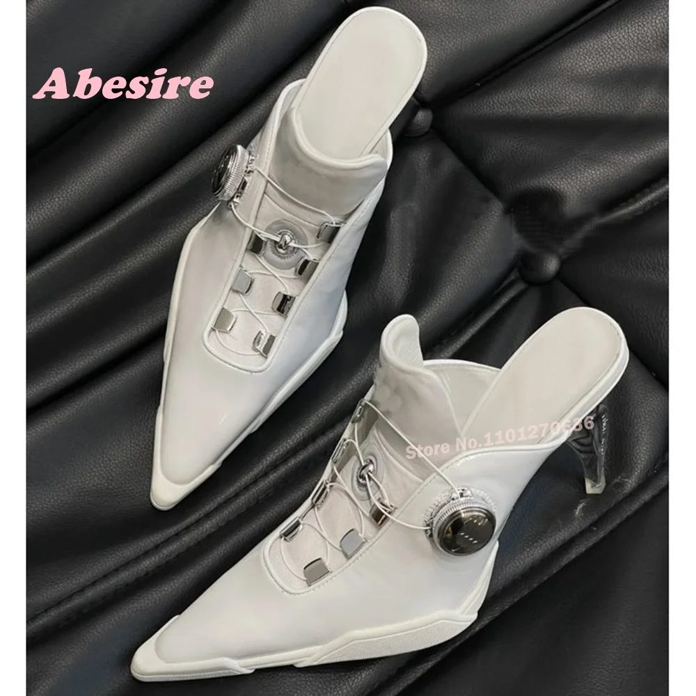 

Strange Style Metal Decor Mules Pointed Toe Leather High Heels Women's Slippers Summer Newest 2024 Casual Shoes Patchwork Sexy