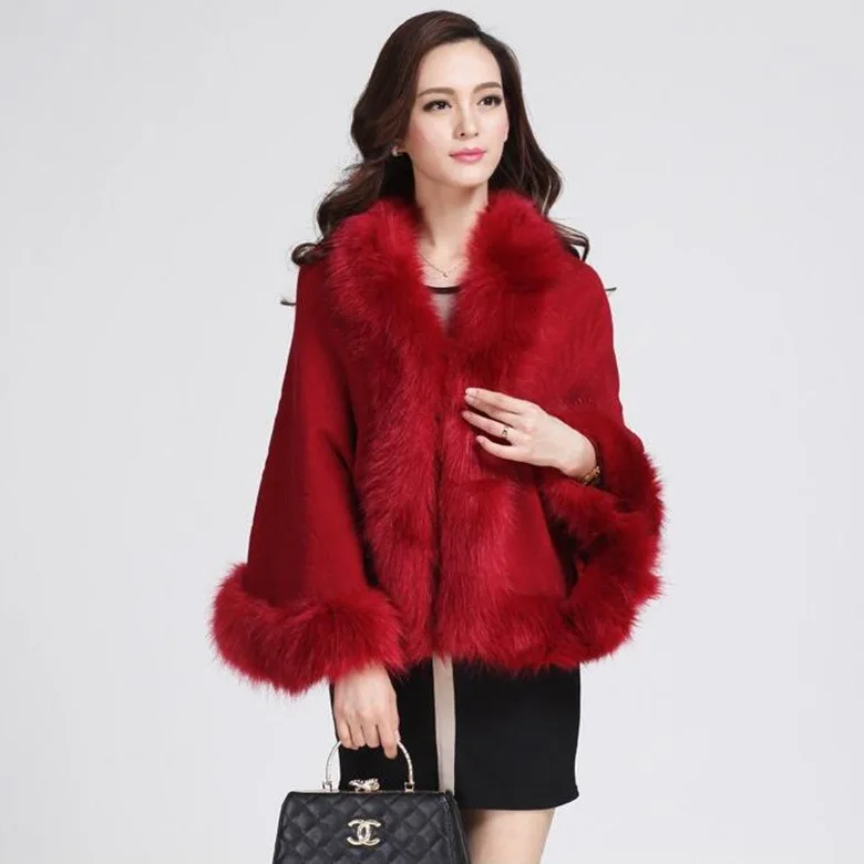 

Autumn Winter New Female Cloak Imitation Fox Fur Cloak Cape Imitation Wool Collar Ponchos Women Capes
